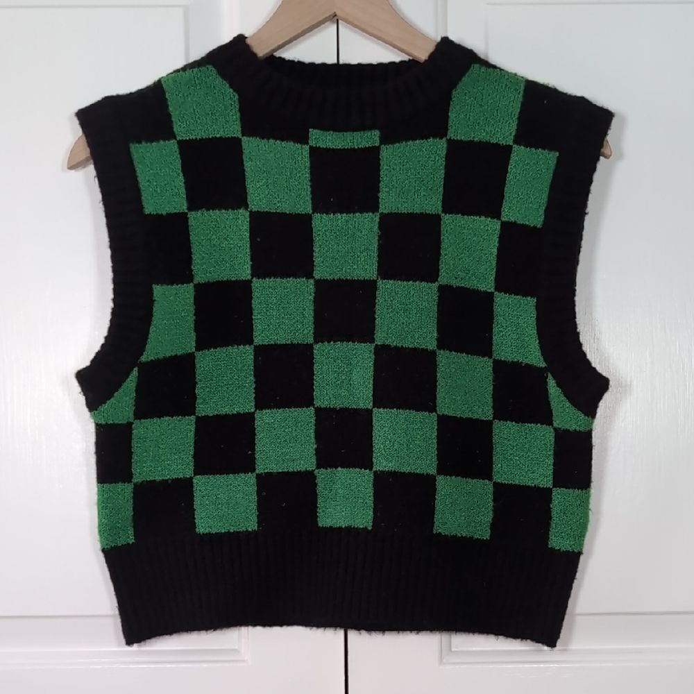 Forever 21 Green and Black Checkered Sweater Vest | Y2K Crop Knit Top Ska Indie